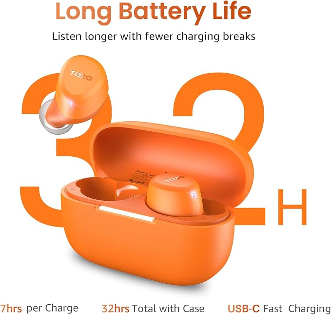 TOZO A1 Wireless Earbuds Bluetooth 5.3 Light Weight in Ear Headphones | IPX5 Waterproof,2 Mics for AI Calls,Immersive Premium Sound Bass Headset with Charging Case,32 EQ via App Orange - Image 5
