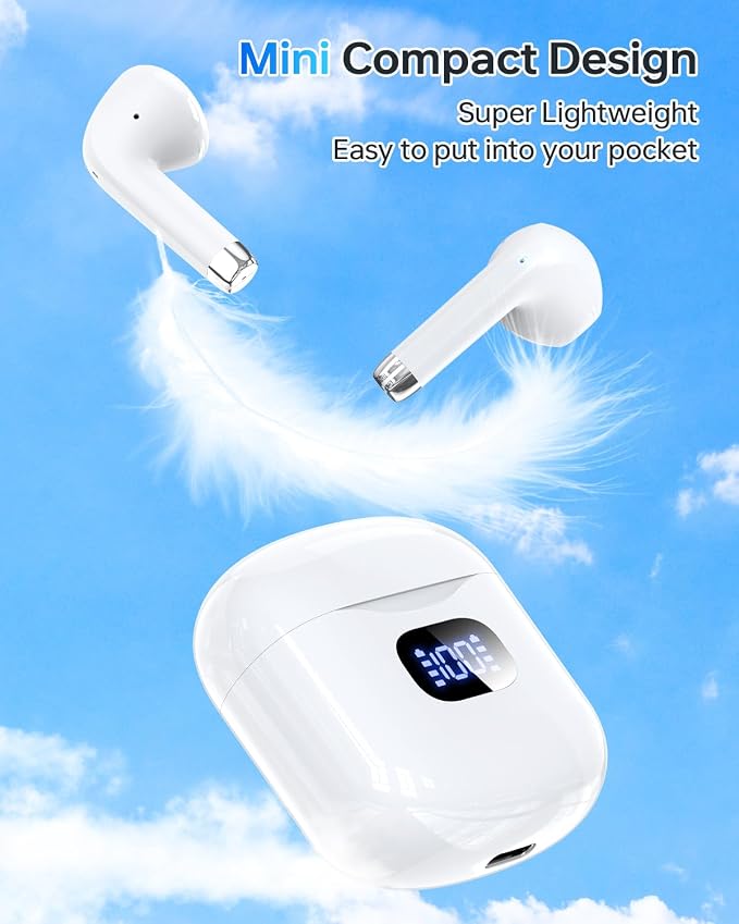 KTGEE Wireless Earbuds Bluetooth 5.3 Ear Buds Headphones, 40Hrs Playback | Stereo Sound, LED Display, IPX7 Waterproof, Compact In-ear Earphones with Mic for Phone Tablet Laptop Sport, White - Image 6