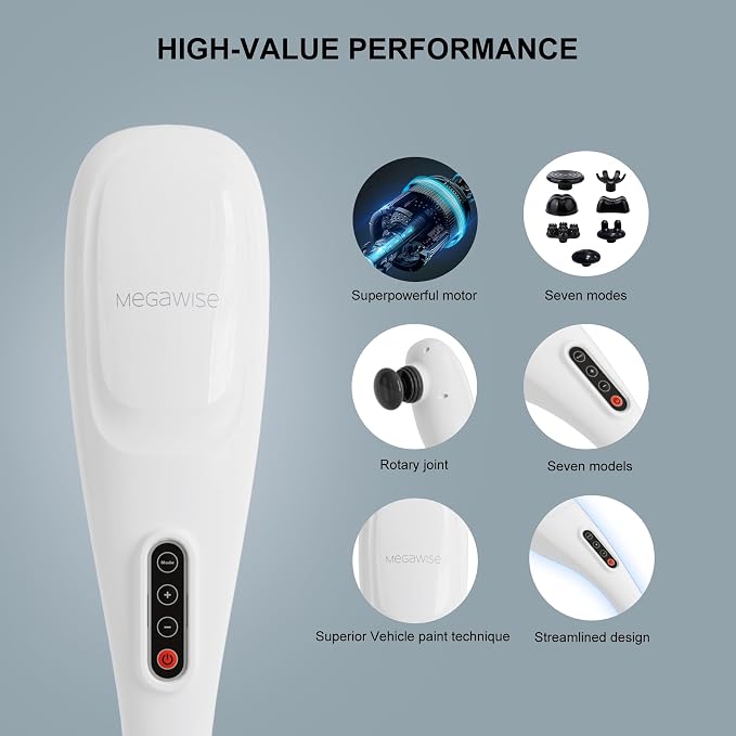 MEGAWISE Handheld Back Massager | Deep Tissue Percussion Massage for Back, Neck, Shoulders, Waist and Legs (Cordless Off-White) - Image 4