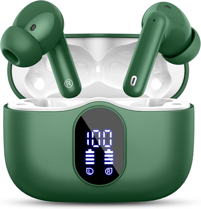 Wireless Earbuds, Bluetooth 5.4 Headphones Bass Stereo/Clear Calls, Green | Ear Buds with Noise Cancelling Mic LED Display in Ear Earphones IP7 Waterproof 36H Bluetooth Earbuds for Phones/Sport/Laptop by Btootos