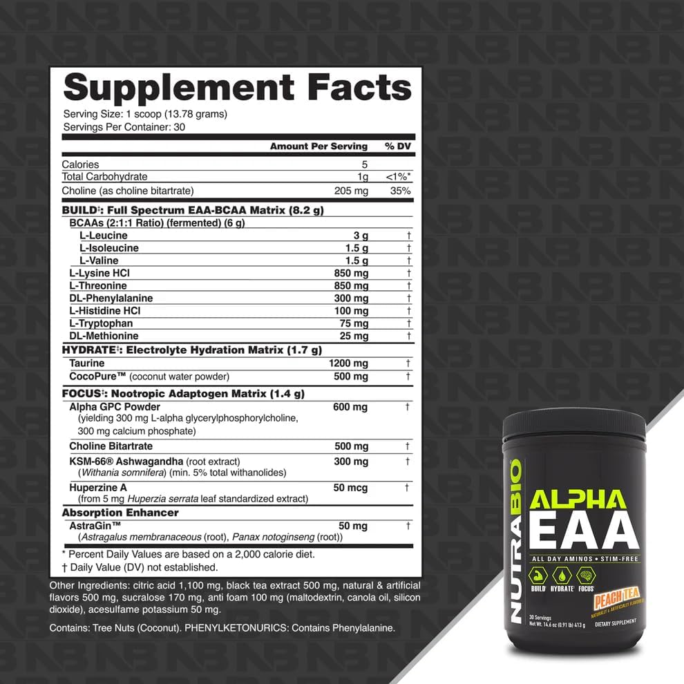 NutraBio Alpha EAA - All-Day Amino Acids for Muscle Growth and Hydration - Essential Amino Acids with Nootropics & Adaptogens- Full Spectrum EAA BCAA Powder - 30 Servings - Peach Tea - Image 2
