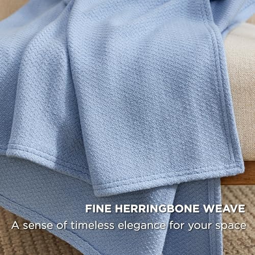Bedsure 100% Cotton Blanket, Herringbone Weave, King, Ashley Blue - Image 3