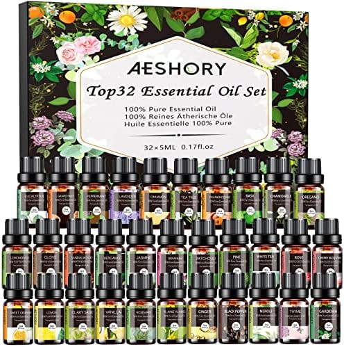 Essential Oils Set - 32x5ml Pure Aromatherapy Essential Oils Kit for Diffuser, Humidifier, Aromatherapy, Massage, Skin & Hair Care - Lavender, Tea Tree, Eucalyptus, Sandalwood, Peppermint, Rosemary by AeshoryLiveLikePoetry