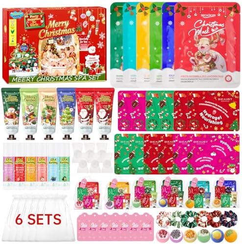 60Pcs Christmas Spa Party Supplies Set – 6 Spa Day Kits with Face/Lip/Eye/Hand/Foot Care,Festive Spa Gift Set for Sleepovers,Holiday Parties,Slumber Party & Secret Santa Gifts,All Skin Types Safe by Unknown