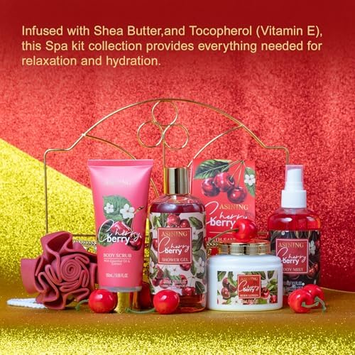 Bath & Body Basket Set, Cherry Fruit Scent Spa Gift Basket with Shower Gel, Lotions for Women Gift Set, Spa Kits for Christmas Valentine's Birthday Gift All Occasion Holiday Gift Idea Luxury Bath Set - Image 7