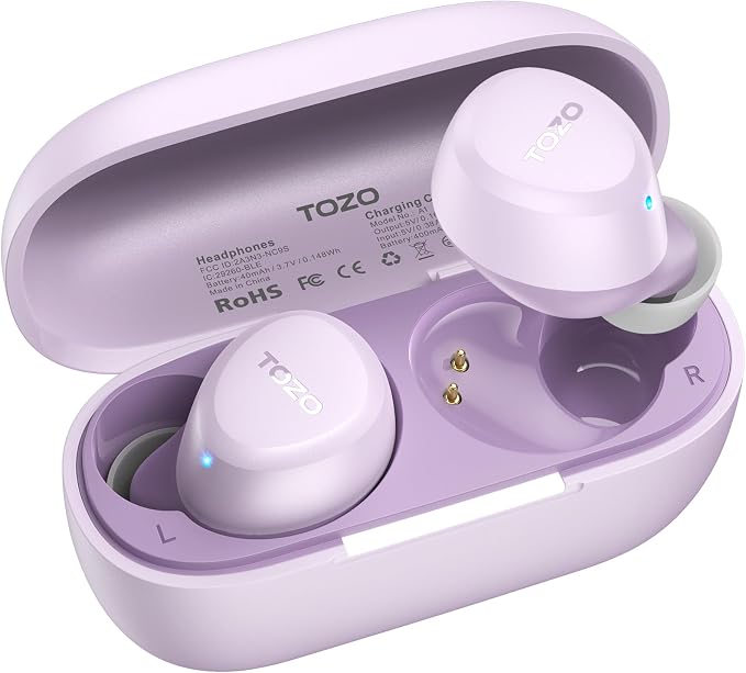 TOZO A1 Wireless Earbuds Bluetooth 5.3 Light Weight in Ear Headphones | IPX5 Waterproof,2 Mics for AI Calls,Immersive Premium Sound Bass Headset with Charging Case,32 EQ via App Light Purple by TOZO