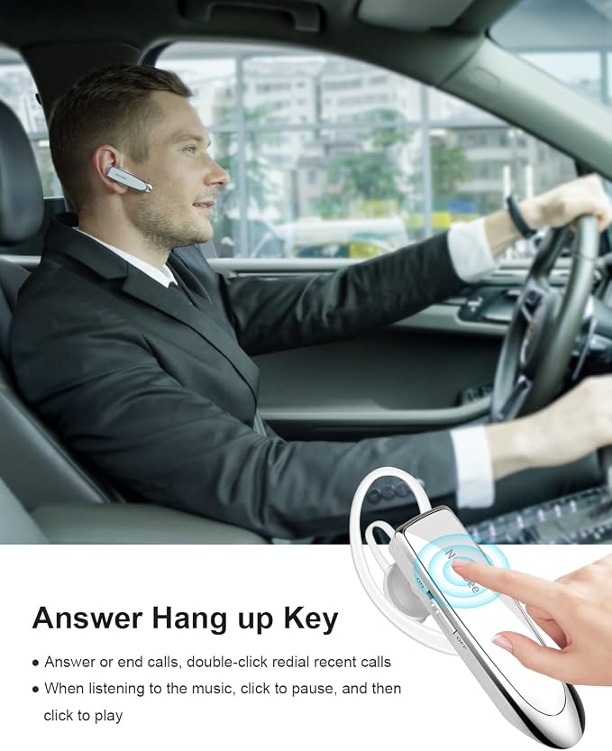 [2 Pack] Bluetooth Earpiece V5.0 Wireless Handsfree Headset 24 Hrs Driving | 60 Days Standby Time Bluetooth Headset with Microphone for iPhone Android Laptop Truck Driver(White) - Image 5