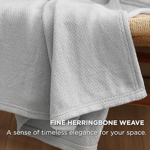 Bedsure 100% Cotton Blanket, Herringbone Weave, Queen Size, Cool Grey - Image 3