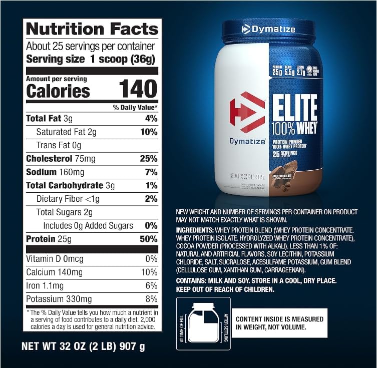 Dymatize Elite 100% Whey Protein Powder, Chocolate, 25g of Protein, 5.5g BCAAs, Less Than 140 Cal., Gluten Free, 3g Carb, 2g Sugar, 3g Fat (25 Servings) - Image 7