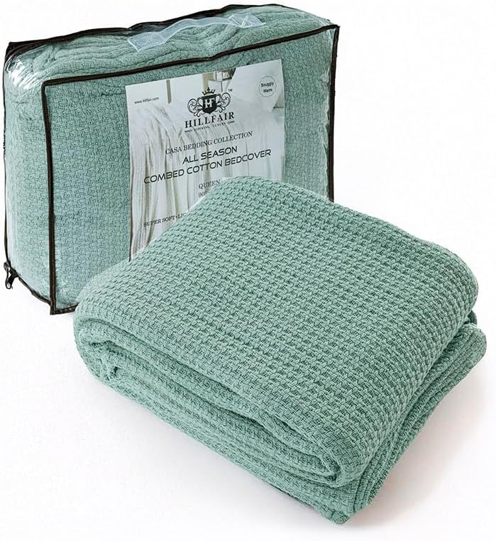 HILLFAIR 100% Combed Cotton Blanket– Queen Bed Blanket– Soft Cozy Warm Multipurpose Throws for Luxury Home Decor– 90 x 90 inch Queen Size Cotton Blankets for Beds- Bed Blankets for All Season- Sage by HILLFAIR