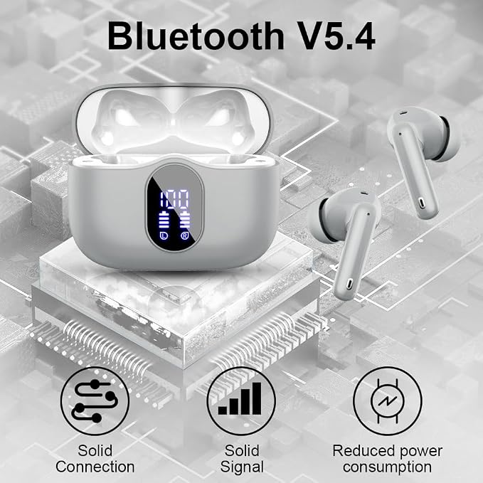 Wireless Earbuds, Bluetooth 5.4 Headphones Bass Stereo, Graphite Gray | Ear Buds with Noise Cancelling Mic LED Display, 36H, IP7 Waterproof in Ear Earphones for Laptop Pad Phones Sports Workout - Image 4