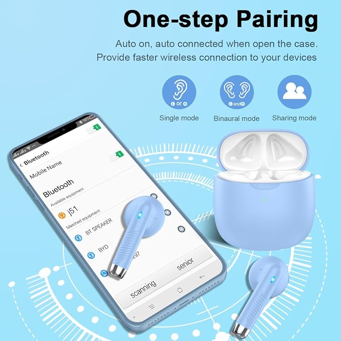 Wireless Earbuds, Bluetooth 5.4 Headphones in Ear with Noise Cancelling Mic, Bluetooth Earbuds Stereo Bass, IP7 Waterproof Sports Earphones, 32H Playtime USB C Charging Buds Light Blue for Android iOS - Image 5