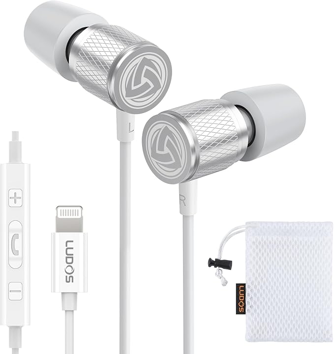 LUDOS Ultra iPhone Wired Headphones Earbuds Earphones with Lightning Connector Apple MFi Certified, 5 Years Warranty, for iPhone 14 13 12 11 Pro Max X XS XR 8 7 Plus with Microphone Control - White by Ludos