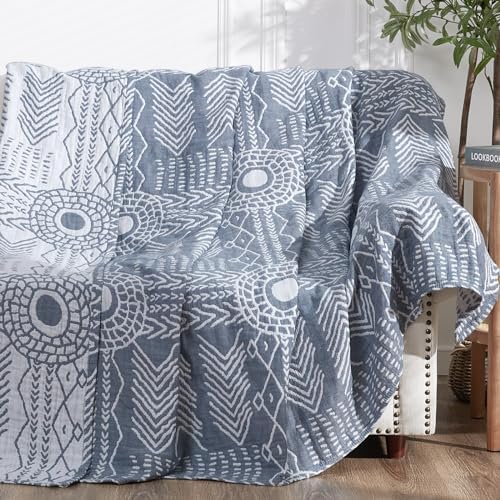 jinchan 100% Cotton Muslin Blanket Twin Boho Throw Blanket 60x80 Blue Gray by JINCHAN