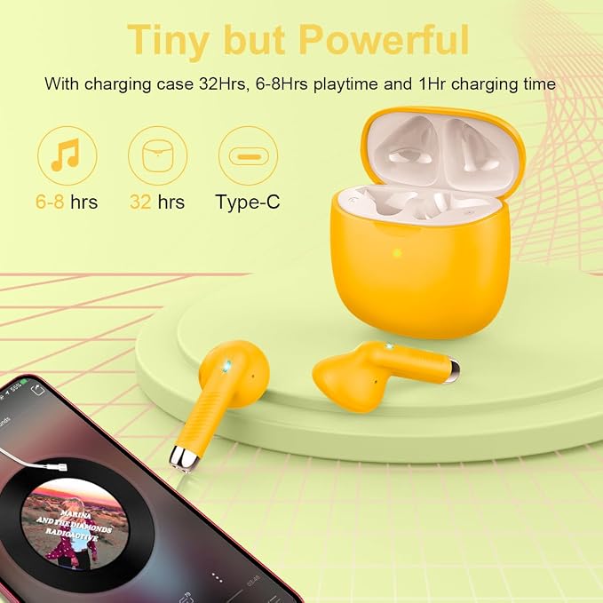 Wireless Earbuds, Bluetooth 5.4 Headphones in Ear with Noise Cancelling Mic | Bluetooth Earbuds Stereo Bass, IP7 Waterproof Sports Earphones, 32H Playtime USB C Charging Ear Buds Yellow for Android iOS - Image 7