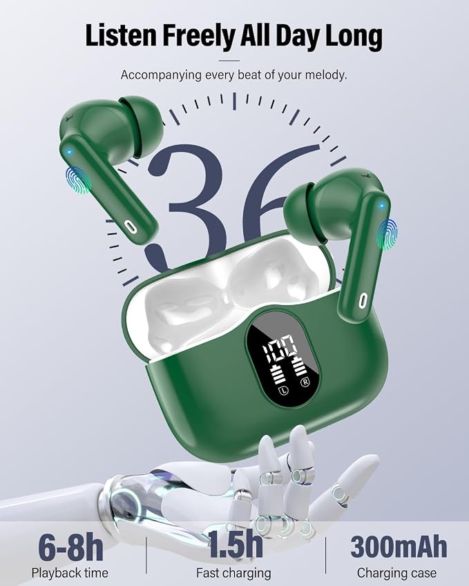 Wireless Earbuds, Bluetooth 5.4 Headphones Bass Stereo/Clear Calls, Green | Ear Buds with Noise Cancelling Mic LED Display in Ear Earphones IP7 Waterproof 36H Bluetooth Earbuds for Phones/Sport/Laptop - Image 7