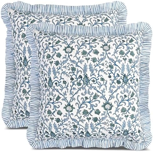 CPC Ocean Vine Hand Block Print 100% Cotton Ruffle Throw Pillow Cover 20x20 inch with Hidden Zipper Decorative for Couch, Bed, Sofa, Farmhouse, Cottagecore Decor Gift Christmas Fall Thanksgiving by COTTONPRINTCLUB