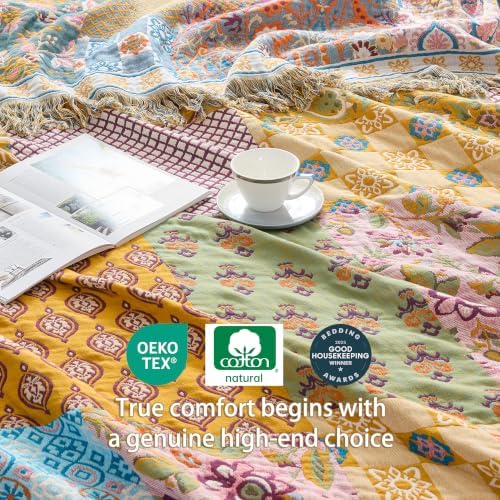 VANJOROY Boho Throw Blanket, 100% Organic Cotton Breathable Skin-Friendly Ultra Soft 50" x 60" Bed Quilt Patchwork Throw - Floral Luxury Reversible Blanket for Sofa Couch Chair and Gift, - Image 6