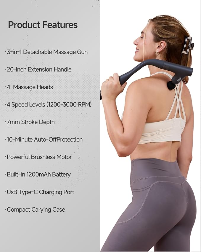 3-in-1 Massage Gun, Deep Tissue Percussion Massager with Extended Handle for Back Pain Relief, Portable for Gym/Office/Home, FSA-HSA Eligible - Image 9