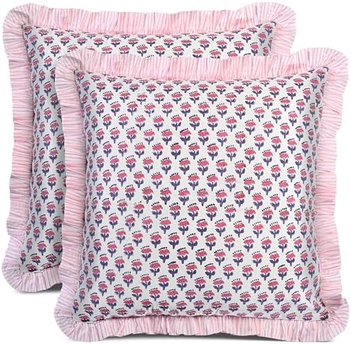 CPC Pink Sapphire Ruffle Throw Pillow Covers for Couch, 18x18 Inch Cotton Stripe Ruffle Couch Pillows for Living Room, Hidden 14 Inch Zipper Boho Pillow Case or Cute Outdoor Pillows by COTTONPRINTCLUB