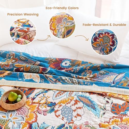 MSGKV Boho Throw Blanket 90"x108" 100% Cotton Floral Blanket King Bed Decor - Image 3