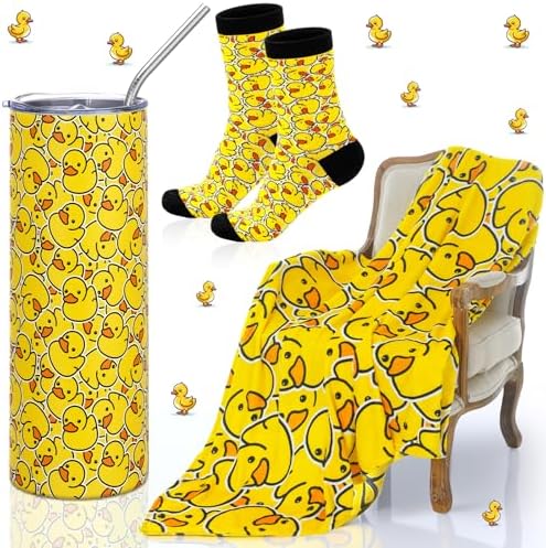 HunnmingRe 3 Pcs Yellow Duck Gifts for Women Throw Blanket 20 oz Tumbler with Lids and Straw Socks Plush Warm Gift Basket for Halloween Christmas Birthday Animal Lover by HunnmingRe