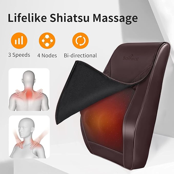 Boriwat Neck Massager with Heat, Back Massager & Deep Tissue Massager, 3D Kneading Massage Pillow for Neck, Back, Shoulder, Leg, Gifts Men Women Mom Dad, Stress Relax at Home Office and Car (Brown) - Image 4