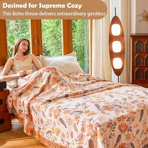 VANJOROY Boho Throw Blanket 60" x 80", 100% Organic Cotton Breathable Skin-Friendly Ultra Soft Bed Quilt Throw - Floral Rustic Decor Luxury Reversible Blanket for Sofa Couch Chair and Gift, - Image 4