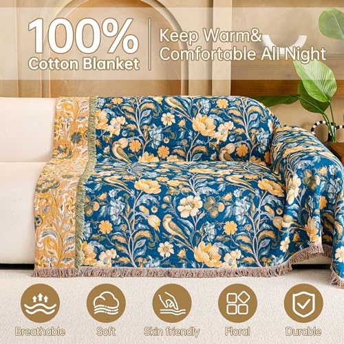 VANJOROY Boho Throw Blanket, 100% Organic Cotton Breathable Ultra Soft 60" x 80" Bed Quilt Blue Throw - All Season Bird Floral Rustic Farmhouse Decor Reversible Blanket for Couch Chair and Gift - Image 4