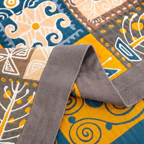 100% Muslin Cotton Throw Blanket for Bed Couch Chair, Bohemian Tribal Patchwork Retro Quilt Ultra Soft Reversible Gauze Blanket for All Season, 60"x80" - Image 5