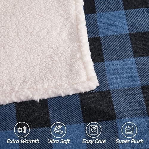Elegant Comfort Ultra Soft Reversible Buffalo Plaid Flannel Sherpa Blanket - Cozy Silky Checkered Fleece Throw for Couch, Bed - Plush Fuzzy Warm Winter Blanket for Gift, Full, Blue - Image 6
