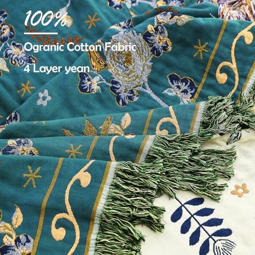 VANJOROY Boho 100% Organic Cotton Muslin Large Throw Blanket 60" x 80" - All Season Rustic Ultra Soft Breathable Floral Bird Blanket for Bed Sofa Couch Chair Bedspread Quilt Gift,-Teal/Green - Image 6