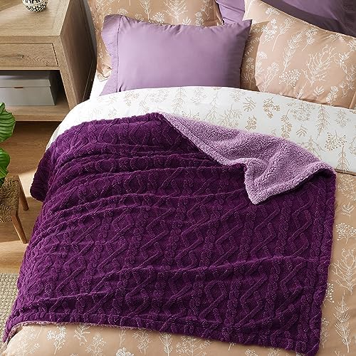 Bedsure Sherpa Fleece Blanket, Cable Jacquard Tufted, Warm, Purple, Twin - Image 6