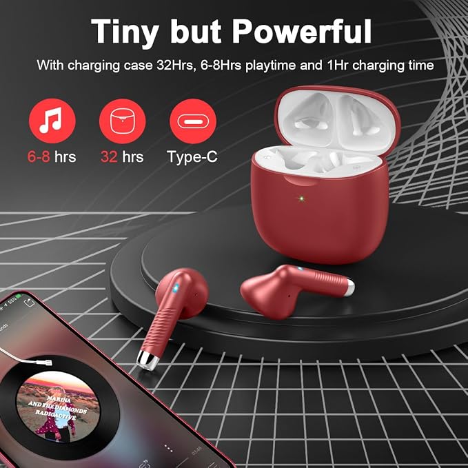Wireless Earbuds, Bluetooth 5.4 Headphones in Ear with Noise Cancelling Mic, Bluetooth Earbuds Stereo Bass, IP7 Waterproof Sports Earphones, 32H Playtime USB C Charging Ear Buds Red for Android iOS | Bluetooth Earbuds Stereo Bass, IP7 Waterproof Sports... - Image 7
