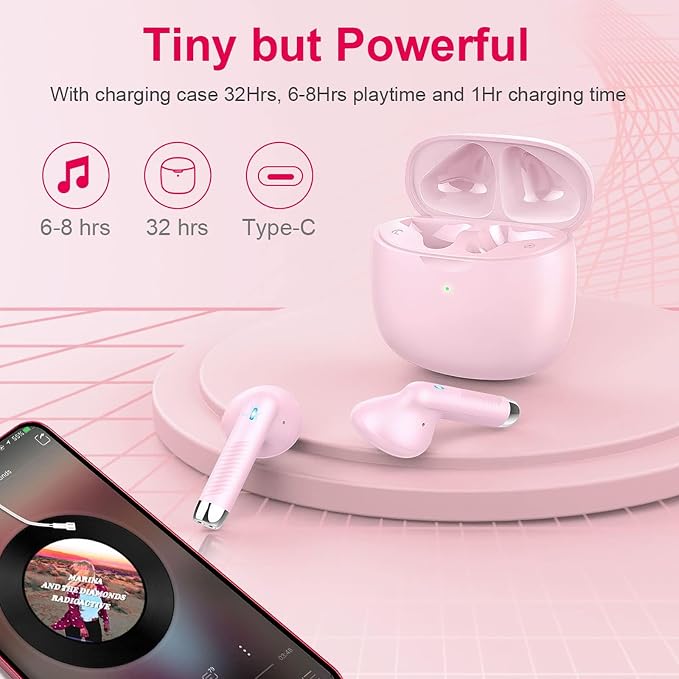 Wireless Earbuds, Bluetooth 5.4 Earbuds Stereo Bass, Bluetooth Headphones | in Ear Noise Cancelling Mic, Earphones IP7 Waterproof Sports, 32H Playtime USB C Charging Case Pink Ear Buds for Android iOS - Image 7