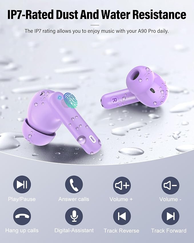 Wireless Earbuds, Bluetooth 5.4 Headphones Bass Stereo/Clear Calls, Purple | Ear Buds with Noise Cancelling Mic LED Display in Ear Earphones IP7 Waterproof 36H Bluetooth Earbuds for Phones/Sport/Laptop - Image 8