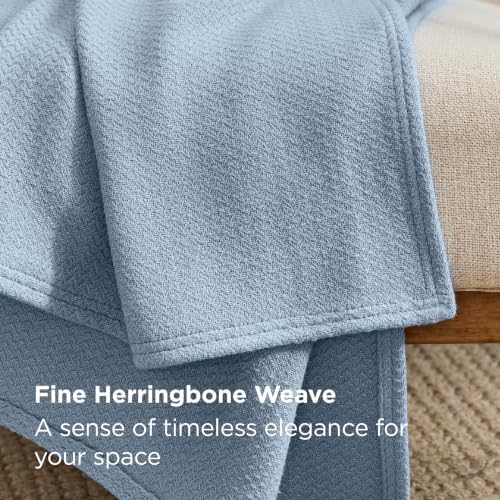 Bedsure 100% Cotton Blanket, Herringbone Weave, Queen Size, Light Blue - Image 3