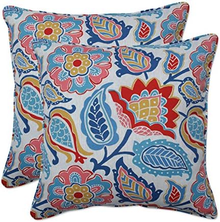 Pillow Perfect Bright Floral Indoor/Outdoor Accent Throw Pillow, Plush Fill, Weather, and Fade Resistant, Large Throw - 18.5" x 18.5", Blue/Red Moroccan Flowers, 2 Count by PillowPerfect