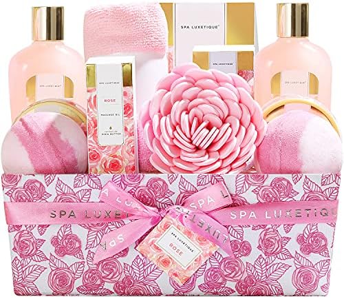 Spa Luxetique Spa Gift Baskets for Women, 12 Pcs Rose Presents Set with Bubble Bath, Bath Bombs, Body Lotion, Hand Cream, Christmas Gift Basket for Mom by spaluxetique
