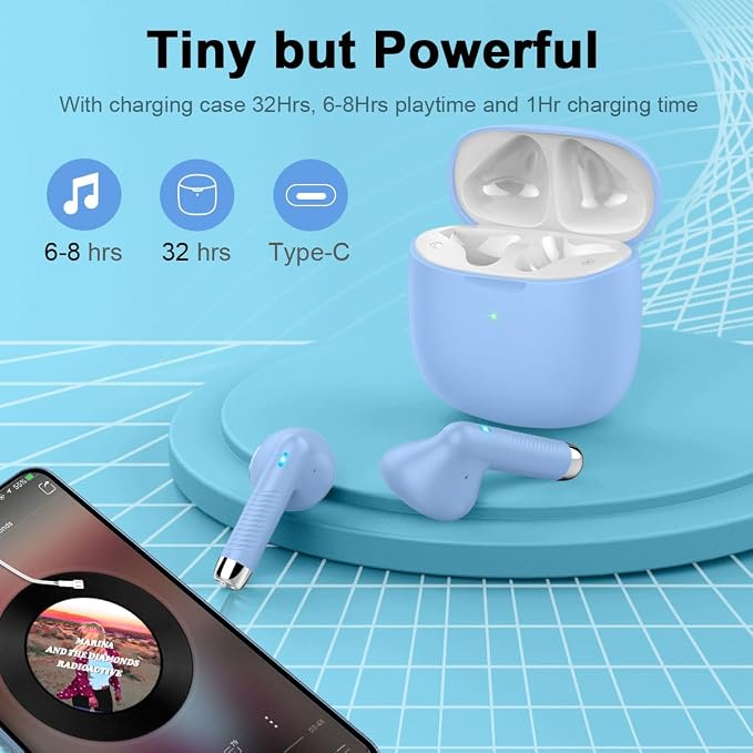 Wireless Earbuds, Bluetooth 5.4 Headphones in Ear with Noise Cancelling Mic, Bluetooth Earbuds Stereo Bass, IP7 Waterproof Sports Earphones, 32H Playtime USB C Charging Buds Light Blue for Android iOS - Image 7
