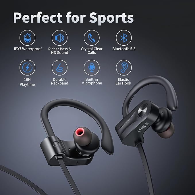 JOYWISE Bluetooth Headphones, Wireless Earbuds Bluetooth 5.3 Headphones with 16Hrs Playtime Stereo Bass Headsets, IPX7 Waterproof Running Earphones for Sports, Black - Image 2