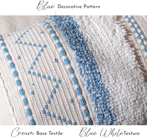 BlissBlush 20X54 Oversized Large Lumbar Pillow Cover for Bed, Rectangular Long Decorative Throw Pillowcase, Cotton Boho Accent Cushion with Blue Tufted Pattern and Tassels, Cream Neutral (Cover Only) - Image 3
