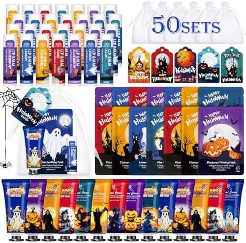 50 Pack Halloween Hand Cream, Facial Mask and Lip Balm Set, Halloween Gifts by VESPRO