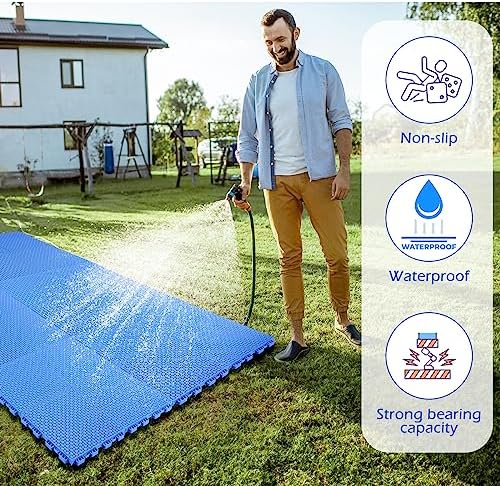 Huwena 50 Pcs Modular Interlocking Cushion Floor Tiles 10 x 10 Inch Non Slip Pool Floor Mat Blue Interlocking Rubber Draining Flooring Tiles with Hole for Drain Deck Patio Balcony Shower Kitchen - Image 4