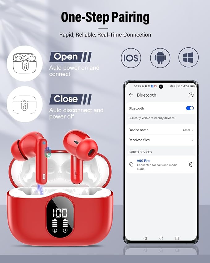 Wireless Earbuds, Bluetooth 5.4 Headphones Bass Stereo/Clear Calls, Red | Ear Buds with Noise Cancelling Mic LED Display in Ear Earphones IP7 Waterproof 36H Bluetooth Earbuds for Phones/Sport/Laptop - Image 5