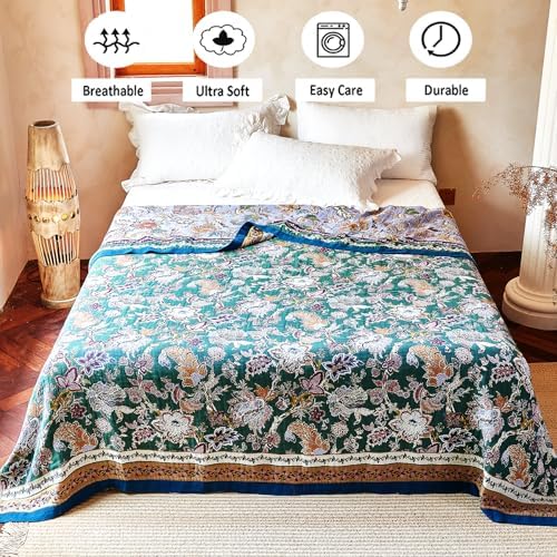 VANJOROY Boho Throw Blanket 60" x 80", 100% Organic Cotton Breathable Ultra Soft Bed Purple Quilt Throw - All Season Luxury Floral Farmhouse Decor Blanket for Sofa Couch Chair and Gift. - Image 4