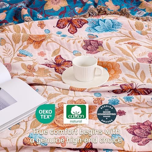 VANJOROY Boho Throw Blanket, 100% Organic Cotton Breathable Ultra Soft 80" x 90" Bed Quilt Throw - All Season Floral Rustic Farmhouse Decor Luxury Reversible Blanket for Sofa Couch Chair and Gift - Image 6