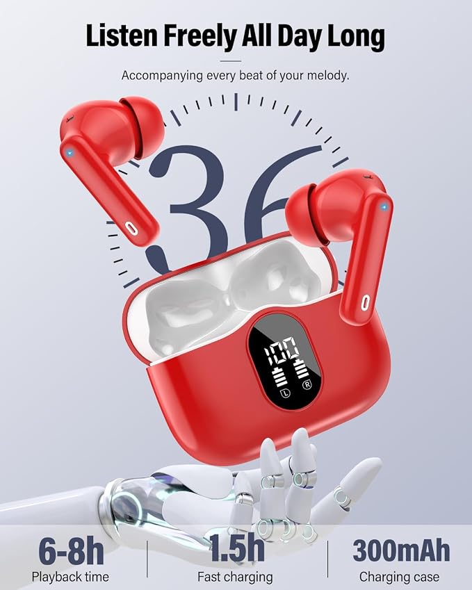 Wireless Earbuds, Bluetooth 5.4 Headphones Bass Stereo/Clear Calls, Red | Ear Buds with Noise Cancelling Mic LED Display in Ear Earphones IP7 Waterproof 36H Bluetooth Earbuds for Phones/Sport/Laptop - Image 7