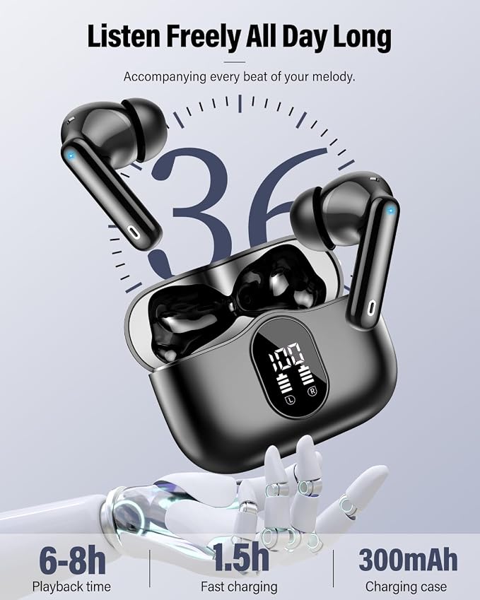 Wireless Earbuds, Bluetooth 5.4 Headphones Bass Stereo/Clear Calls, Black | Ear Buds with Noise Cancelling Mic LED Display in Ear Earphones IP7 Waterproof 36H Bluetooth Earbuds for Phones/Sport/Laptop - Image 5