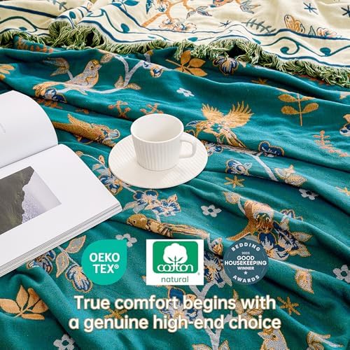 VANJOROY Boho 100% Cotton Large Throw Blanket - All Season Rustic Ultra Soft Breathable Floral Bird Blanket for Bed Sofa Couch Chair Bedspread Quilt Gift, 80" x 90"-Teal/Beige - Image 6